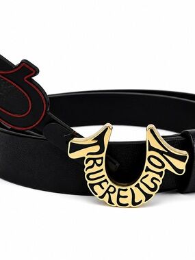 True Religion Black Leather Belt Sz 40 Men’s Gold Logo Buckle Horseshoe NWT